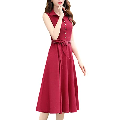 Damen Chiffon Einfarbig V-Ausschnitt Kurzarm Röcke Büro Damen Schärpen A-Linie Sommerkleid Damen, rot, 40 von Suwequest