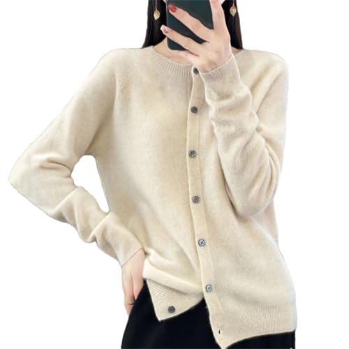 Damen O-Ausschnitt Cardigan Lose Langarm Sweater Top Frühling und Herbst Merino Kaschmir Sweater, beige, M von Suwequest