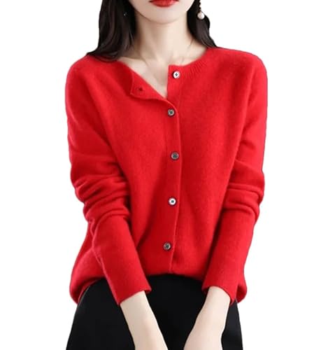 Damen O-Ausschnitt Cardigan Lose Langarm Sweater Top Frühling und Herbst Merino Kaschmir Sweater, rot, L von Suwequest