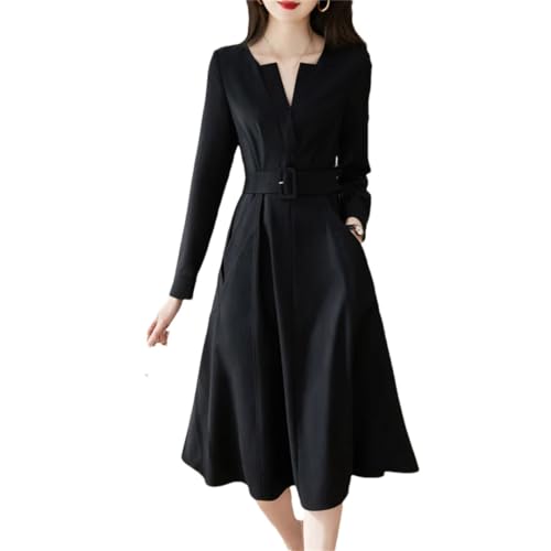 Damen V-Ausschnitt Langarm Gürtel Partykleider Frühling Herbst Büro Dame Schwarz Slim Midi Kleid, Schwarz , X-Large von Suwequest