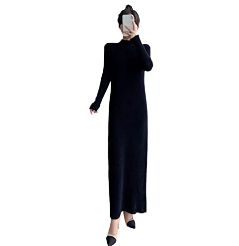 Herbst Winter Halber Rollkragen Maxi Pullover Kleid Frauen Slim Langarm Stretch Strickkleid Lange Kleider, Schwarz , Small von Suwequest