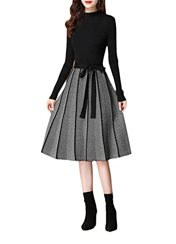 Herbst Winter Patchwork Langarm Pullover Kleid Frauen Gestrickt A-Linie Faltenkleid Damen Schnürung, Schwarz , L von Suwequest