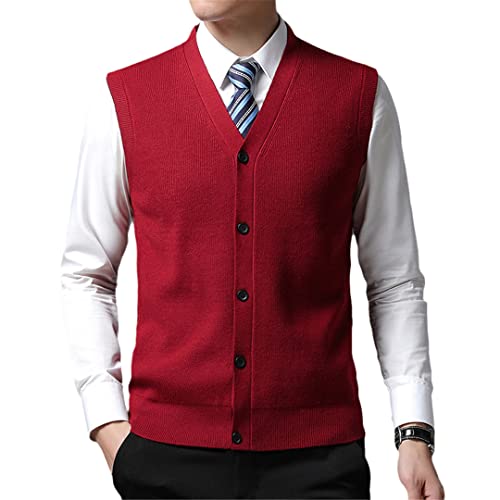 Herren V-Ausschnitt Wolle Strick Ärmellos Cardigan Pullover Weste, rot, X-Large von Suwequest