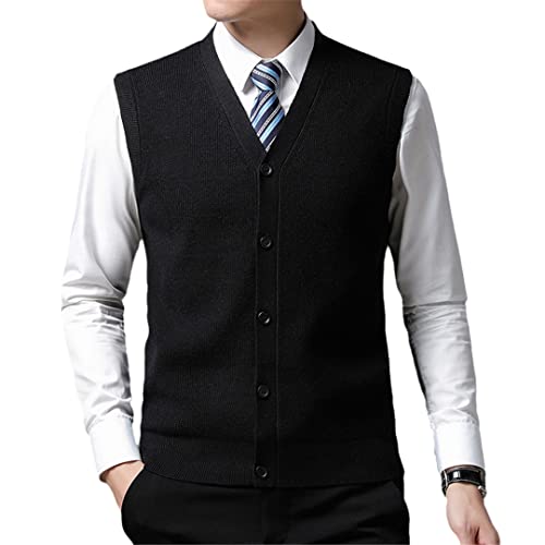 Herren V-Ausschnitt Wolle Strick Ärmellos Cardigan Sweater Vest, Schwarz , Medium von Suwequest