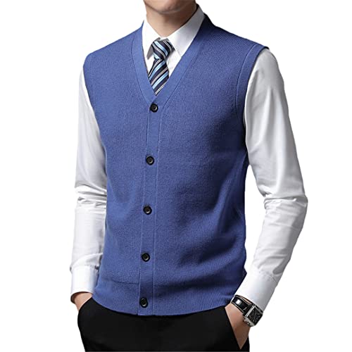 Herren V-Ausschnitt Wollstrick ärmellose Strickjacke Pullover Weste, blau, Medium von Suwequest