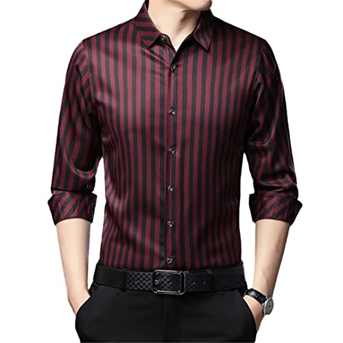 Herrenhemden Seidenhemden Langarm Slim Fit Casual Gestreifte Hemden Red 4XL von Suwequest