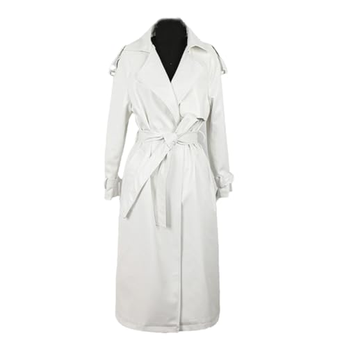 Langer, wasserdichter Leder-Trenchcoat für Damen, langärmelig, locker, modisch, Revers, einfarbige Jacke, weiß, 36 von Suwequest