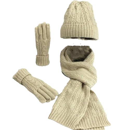 Suwequest Damen Herbst Winter Warm Einfarbig Schal Hut Handschuh Sets Frauen Dicker Strick Weiche Gestrickte Wolle Set, beige, Einheitsgröße von Suwequest