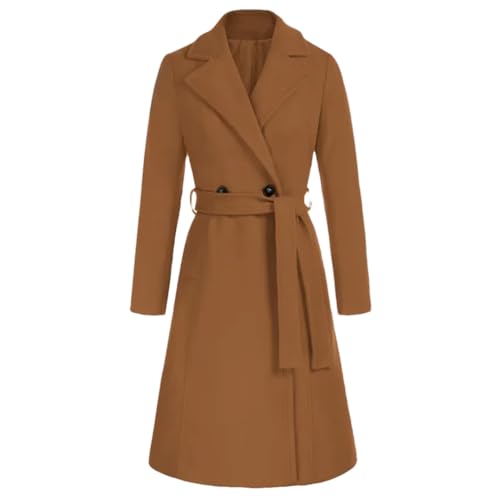 Suwequest Damen Mantel mit gekerbtem Revers, zweireihig, mittellang, Wollmischung, Übermäntel, schmale Passform, dicke Trenchcoats, Coyote, 38 von Suwequest