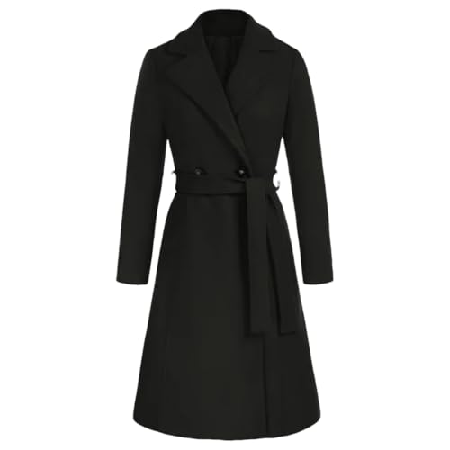 Suwequest Damen Mantel mit gekerbtem Revers, zweireihig, mittellang, Wollmischung, Übermäntel, schmale Passform, dicke Trenchcoats, Schwarz , 38 von Suwequest