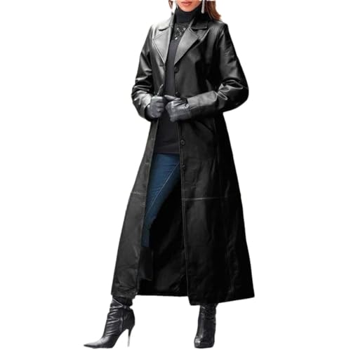 Suwequest Damen Revers Gürtelloser Ledermantel Langer Mantel Slim Leder Trenchcoat Mode Revers Einfarbig Jacke, Schwarz , 38 von Suwequest
