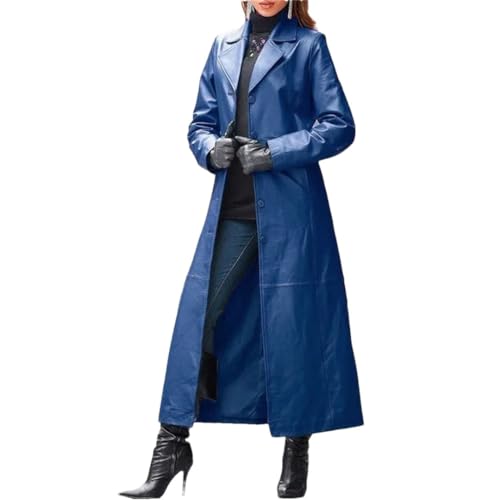 Suwequest Damen Revers Gürtelloser Ledermantel Langer Mantel Slim Leder Trenchcoat Mode Revers Einfarbig Jacke, blau, 50 von Suwequest