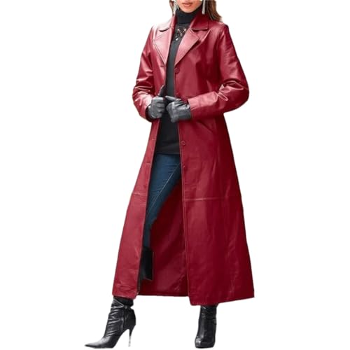 Suwequest Damen Revers Gürtelloser Ledermantel Langer Mantel Slim Leder Trenchcoat Mode Revers Einfarbig Jacke, burgunderfarben, 50 von Suwequest