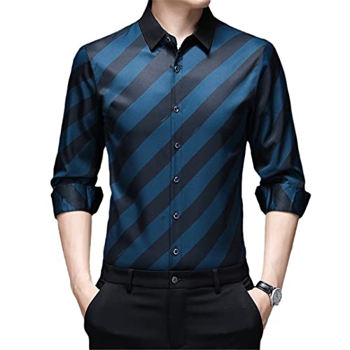 Suwequest Gestreifte Hemden Herren Seide Baumwolle Langarmhemd Slim Fit Lässige Herrenbekleidung Ha Cyan L von Suwequest