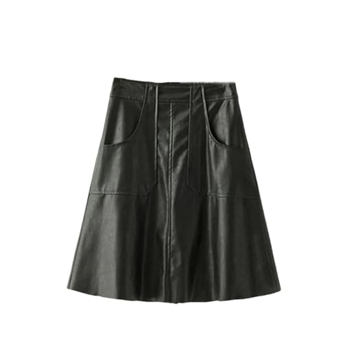 Suwequest Herbst A-Linie Midi PU Leder Röcke Hohe Taille Taschen Ausgestellt Knielang Schwarz Kunstleder Röcke, Schwarz , 48 von Suwequest
