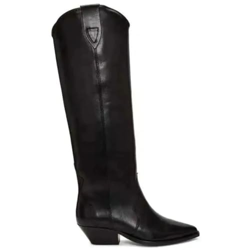Suwequest Lederstiefel für Damen, Retro-Stil, zum Reinschlüpfen, klobiger Absatz, kniehohe Stiefel, spitzer Zehenbereich, Herbst, Damenstiefel, schwarzes Leder, Größe 39 von Suwequest
