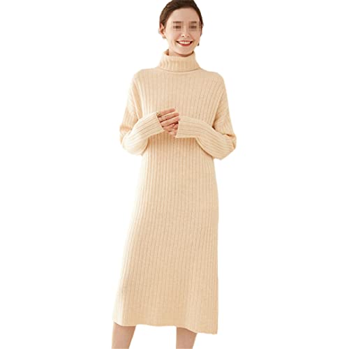 Suwequest Wollkleid Herbst Winter Frauen Rollkragen Einfarbig Langes Büro Dame Casual Strickkleid beige XL von Suwequest