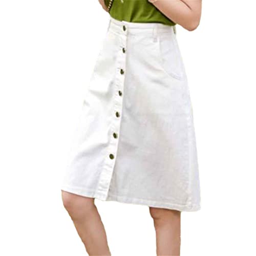 Weißer einreihiger Damen Knielang A-Linie Denim Rock Sommer Hohe Taille Solid Jeans Rock, weiß, 40 von Suwequest