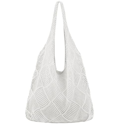 Strandtasche Frauen Mesh Häkeltasche Ästhetische Häkelbeutel Strand hohl Sommerbeutel Strandbeutel Netz Häkelnetz Netto -Tasche für Reisebotten 14,6 x 13 Zoll beige Weiß von Suxdlan