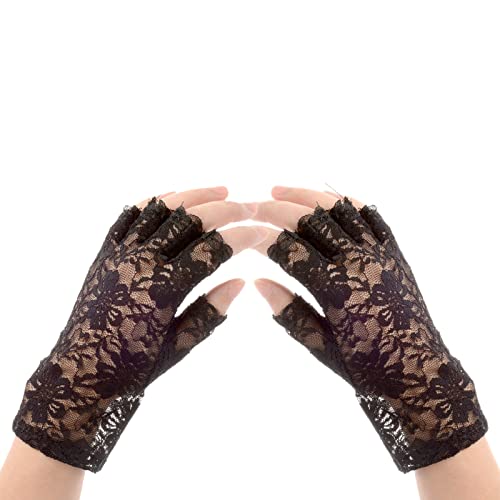 Fingerlose kurze Spitzenhandschuhe Sunblock Brauthandgelenkshandschuhe Frauen kurze Spitzenblumenhandschuhe für Hochzeitskostümzubehör (Schwarz) von Suxgumoe