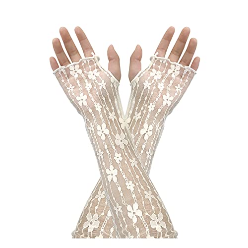 Lange Spitzenhandschuhe Damen, Fingerlose Damen Handschuhe mit Blumenmuster, Sommer UV Schutz Fahrhandschuhe, Braut Handschuhe, Fäustlinge für Halloween Partys,Opern, Hochzeiten Reiten (BEIGE) von Suxgumoe