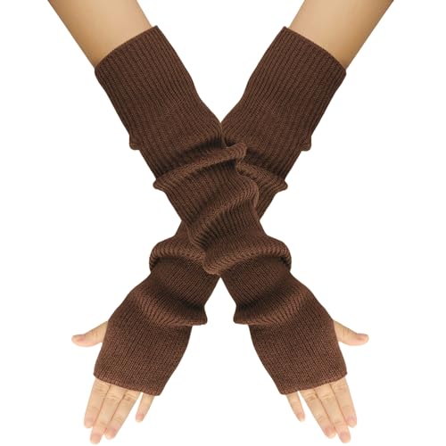 Suxgumoe Fingerlose Handschuhe Damen, Lange Winter Damen Armstulpen, Strick Pulswärmer mit Daumenloch Gestrickte Armwärmer für Damen Mädche (Kaffee) von Suxgumoe