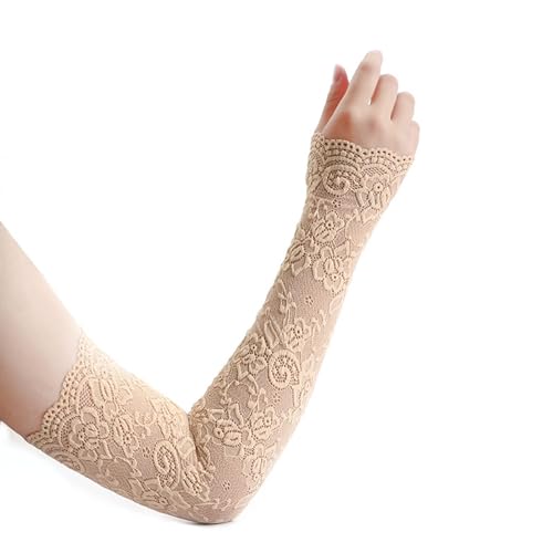 Suxgumoe Lange Spitzenhandschuhe, Frauen Blumenspitze Armstulpen Spitze Armstulpen Fingerlose Fahrhandschuhe für Hochzeitsfeier (Beige) von Suxgumoe