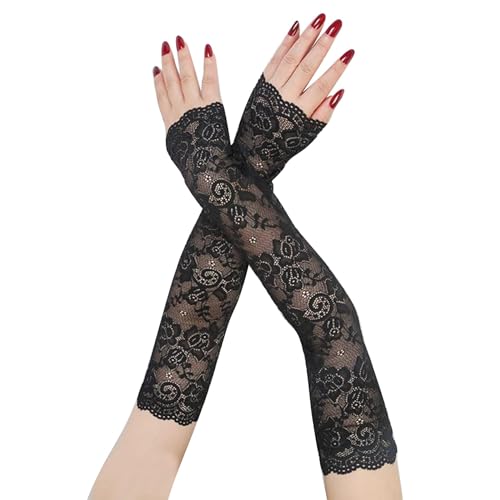 Suxgumoe Lange Spitzenhandschuhe, Frauen Blumenspitze Armstulpen Spitze Armstulpen Fingerlose Fahrhandschuhe für Hochzeitsfeier (Schwarz) von Suxgumoe