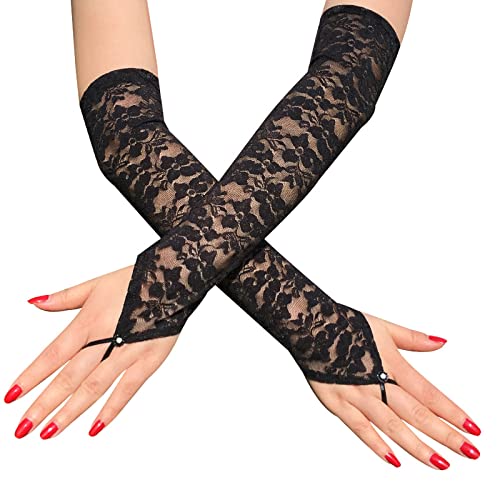 Spitze Arm Ärmel, Damen Blumen Spitze Ärmel Hollow Out Lange Sonnenschutz Handschuhe Fingerlose Fahrhandschuhe, Strass Schwarz, Standard von Suxgumoe