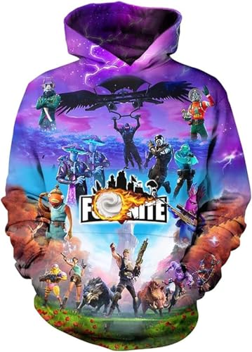 Battle Royale Spiel Pullover Jungen Hoodie Unisex 3D gedruckt Anime Sweatshirts Mädchen Pullover Langarm Kapuzenpullover (DE/NL/SE/PL, Numerisch, 130, Regular, Purple) von Suyaluoi