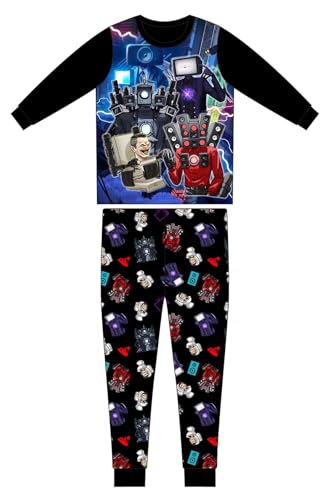 Suyaluoi Jungen Skibidi Toilette G-Mann 3D Druck Pyjama Schwarz Blau Sets Kinder Casual Outfits Nachtwäsche Pyjamas 2-teilig (DE/NL/SE/PL, Alter, 8 Jahre, Regular, schwarz) von Suyaluoi