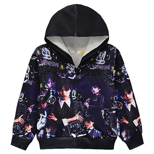 Suyaluoi Wednesday Addams Kinder Jacke Zip Hoodies Mädchen Langarm Pullover Kapuze Tops Addams Fans Merch Mode 3D Print Student Sweatshirts (3-4 Jahre, Black 2) von Suyaluoi