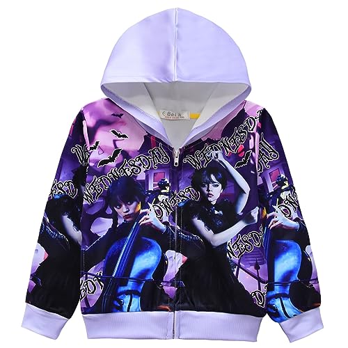 Suyaluoi Wednesday Addams Kinder Jacke Zip Hoodies Mädchen Langarm Pullover Kapuze Tops Addams Fans Merch Mode 3D Print Student Sweatshirts (4-5 Jahre, Purple 1) von Suyaluoi