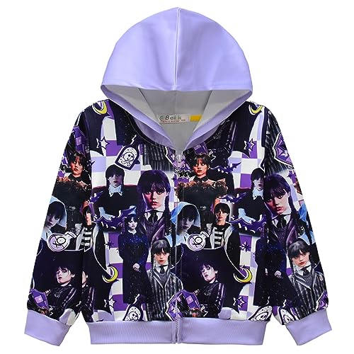 Suyaluoi Wednesday Addams Kinder Jacke Zip Hoodies Mädchen Langarm Pullover Kapuze Tops Addams Fans Merch Mode 3D Print Student Sweatshirts (4-5 Jahre, puprle 3) von Suyaluoi