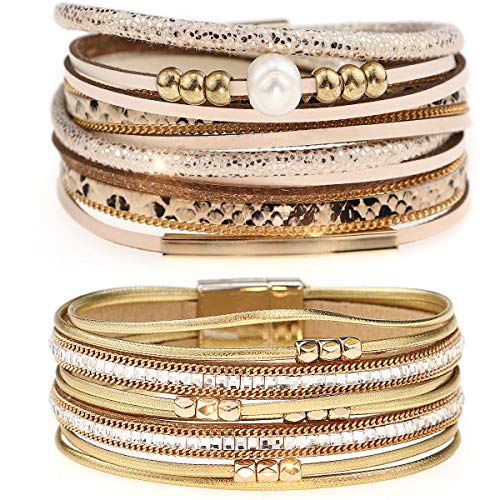Suyi Mehrschichtiges Lederarmband-Set 2 Stück Perlen Wickelarmband Armbänder Mit Handgelenksmanschette Und Magnetschnalle Für Frauen Leopard4 Suyi Mehrschichtiges Lederarmband-Set 2 Stück Perlen Wickelarmband Armbänder Mit Handgelenksmanschette Und Magnetschnalle Für Frauen Leopard4 von Suyi
