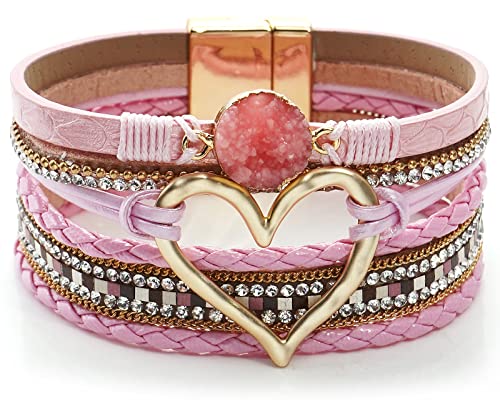 Suyi Wickelarmband Aus Mehrschichtigem Leder Breite Manschettenarmbänder In Herzform Für Frauen Mädchen Pink von Suyi