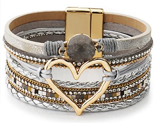 Suyi Wickelarmband Aus Mehrschichtigem Leder Breite Manschettenarmbänder In Herzform Für Frauen Mädchen Silver von Suyi