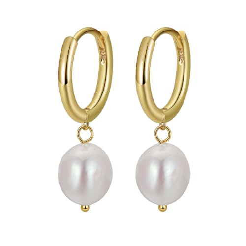 Suzan Gold® Vergoldete 925 Silber Perlenohrringe für Damen | Goldfarbene Ohrringe Celestelle mit Süßwasserperle & Zirkonia | Elegante, wasserfeste & nickelfreie Stecker | Freundin Geschenk von Suzan Gold