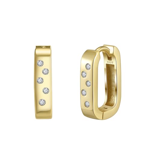Suzan Gold® Vergoldete 925 Silber Creolen für Damen | Rechteckige goldfarbene Ohrringe mit Zirkonia | Massiver & eleganter Schmuck für Alltag & Anlass | Nickelfrei | Freundin Geschenk von Suzan Gold