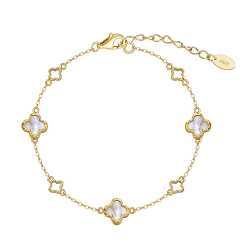 Suzan Gold® Vergoldetes Damen Armband aus 925 Silber mit zarten Perlmutt-Kleeblättern | Filigraner Glücks-Schmuck Luckra – wasserfest, hypoallergen & edel | Wunderschönes Geschenk für stilvolle Frauen von Suzan Gold