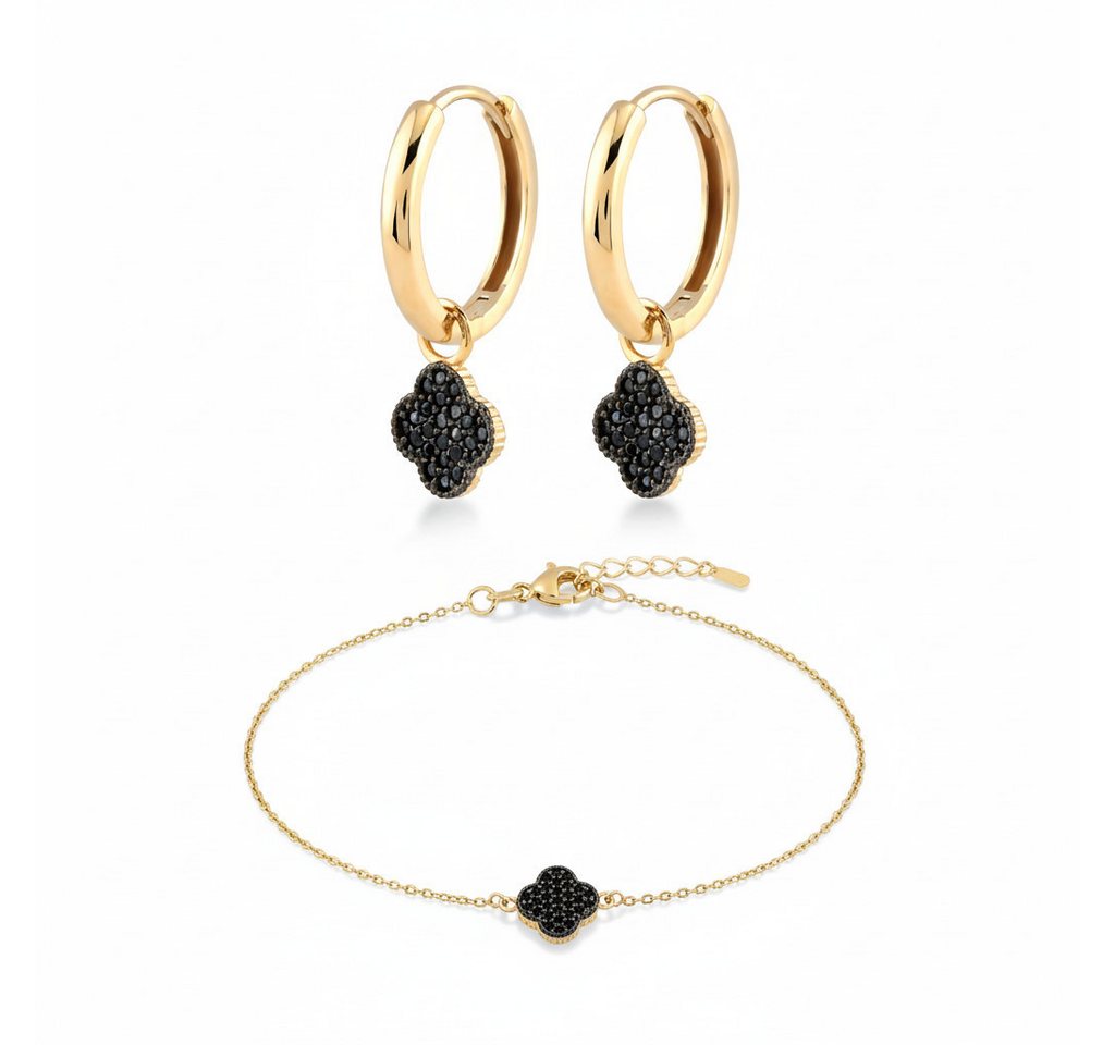 Suzan Gold Schmuckset Noira Grace – 375 Gold Ohrringe & Armband mit schwarzem Kleeblatt von Suzan Gold