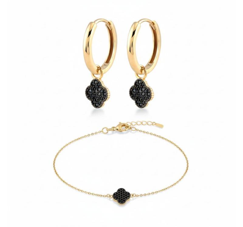 Suzan Gold Schmuckset Noira Grace – 375 Gold Ohrringe & Armband mit schwarzem Kleeblatt von Suzan Gold