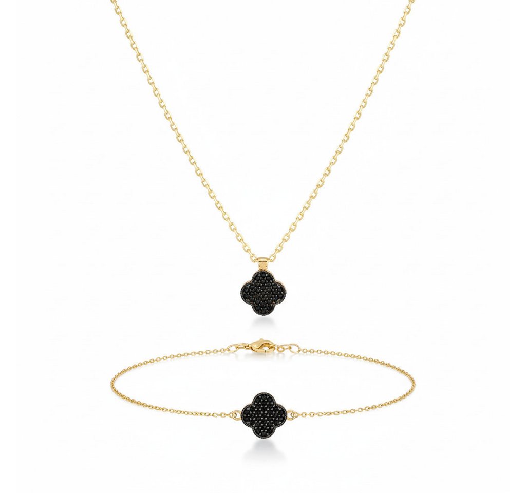 Suzan Gold Schmuckset Veloura – 375 Gold Kette & Armband mit schwarzem Kleeblatt von Suzan Gold