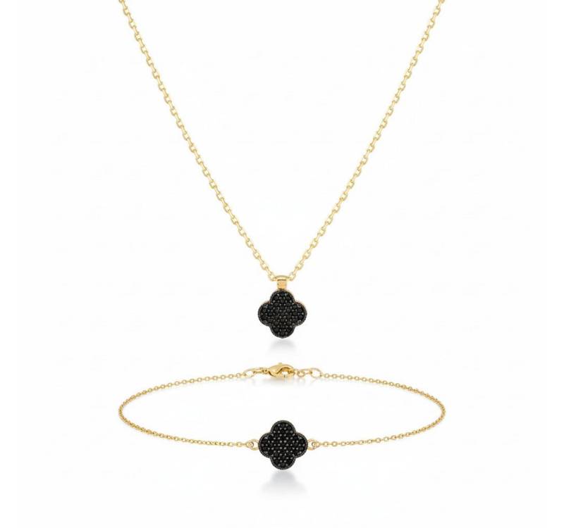 Suzan Gold Schmuckset Veloura – 375 Gold Kette & Armband mit schwarzem Kleeblatt von Suzan Gold