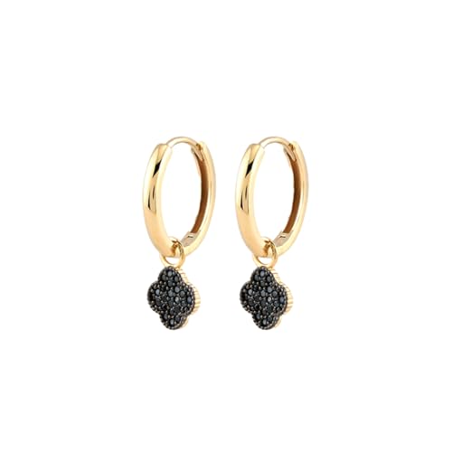 SuzanGold® Noirleaf Goldene Ohrringe Damen | Ohrringe Gold Creolen mit schwarzem Kleeblatt Anhänger | 375 Echtgold | Handgefertigtes Design | Eleganter Schmuck | Hypoallergen & wasserfest von Suzan Gold