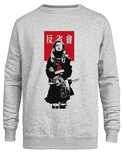 Japanese Samurai Girl Urban Cyberpunk Style Grauer Unisex-Pullover Mit Rundhalsausschnitt von Suzetee