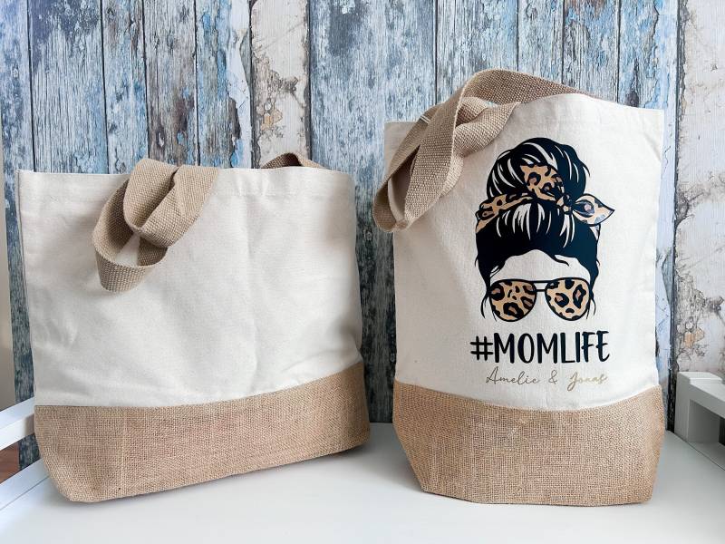 Shopper Aus Jute Und Canvas "#momlife" - Personalisiertes Geschenk Für Mamas Mit Namen Der Kinder Viele Muster Personalisierte Tasche von SuzisHandmadeDesign