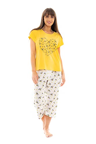 Suzy & Me Damen 100% Baumwolle Jersey Kurzarm Cropped Leg Tier, Schmetterling, Bär &; Herz Design Pyjama (Gelbe Biene 46-48) von Suzy & Me