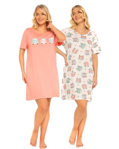 Suzy & Me Damen-Packung mit 2 kurzärmeligen Nachthemden aus 100% Baumwolljersey. Designs mit Schmetterlings-, Herz-, Feder- und Leopardenmuster (Koralle/Elfenbein 42-44) von Suzy & Me