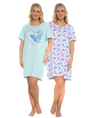 Suzy & Me Damen-Packung mit 2 kurzärmeligen Nachthemden aus 100% Baumwolljersey. Designs mit Schmetterlings-, Herz-, Feder- und Leopardenmuster (Sommerherz türkis 38-40) von Suzy & Me